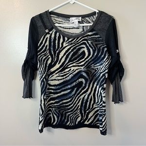 Joseph Ribkoff Womens Zebra Print Top 3/4 Cinched Sleeve Blouse Black Bl…